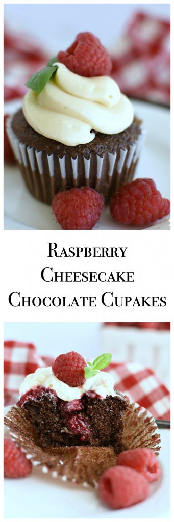 Raspberry Filled Cheesecake Chocolate Cupcakes are out of this world and so much easier to make than they look! They're the perfect combination of desserts! www.littledairyonthepairie.com #dessert #cupcakes #chocolatecupcakes #raspberries #cheesecake #creamcheeseicing #semihomemade #easyrecipe #fancycupcakes #gourmetcupcakes