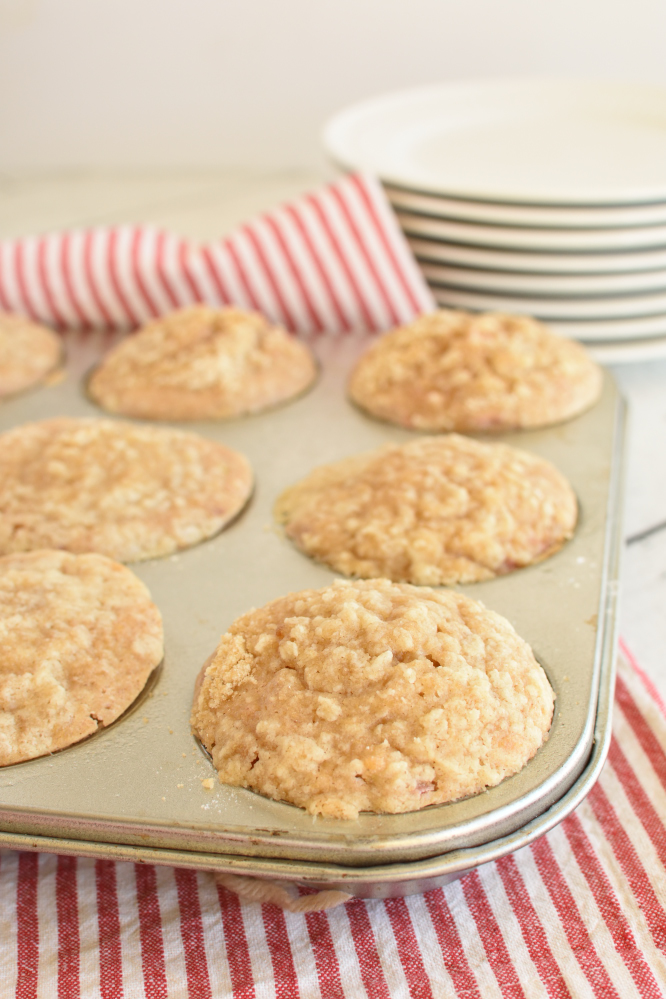 Rhubarb Cinnamon Streusel Muffins - baked muffins in a tin