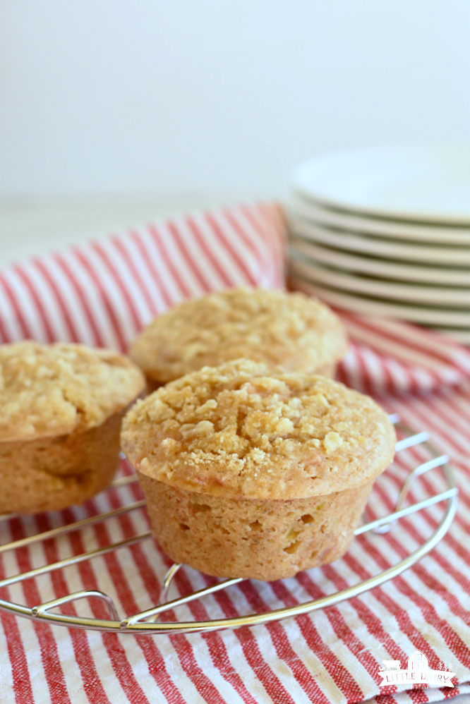 Rhubarb Cinnamon Streusel Muffins - baked muffins in a tin