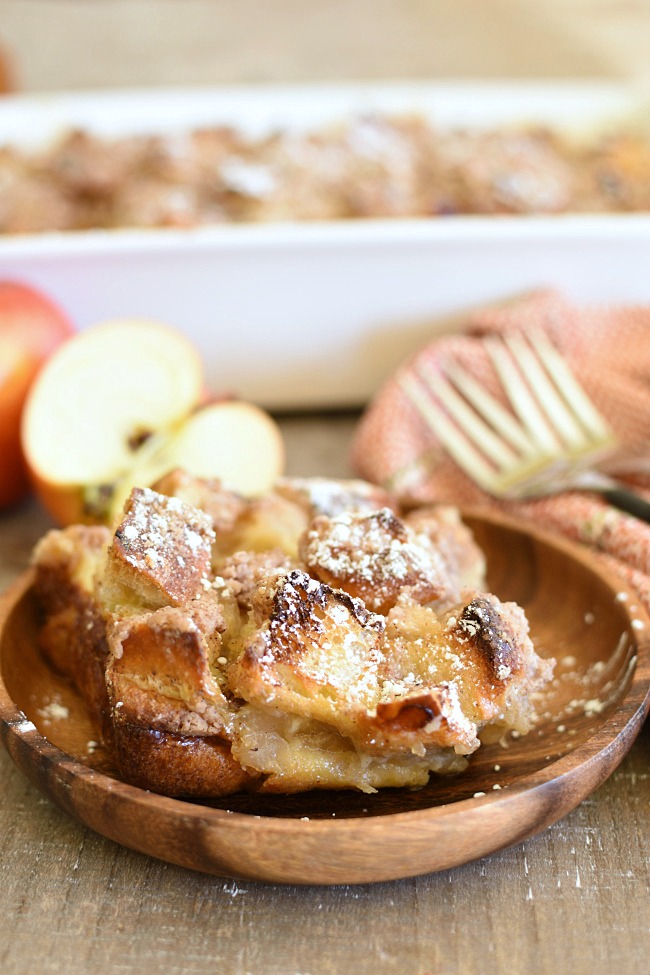 baked apple pie French toast in a wooden bowl