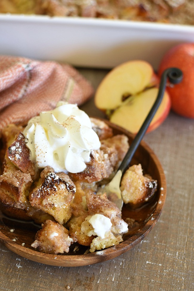 top view of apple pie French toast with whipped cream on top