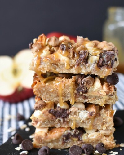 3 caramel apple magic bars with oats in a stack