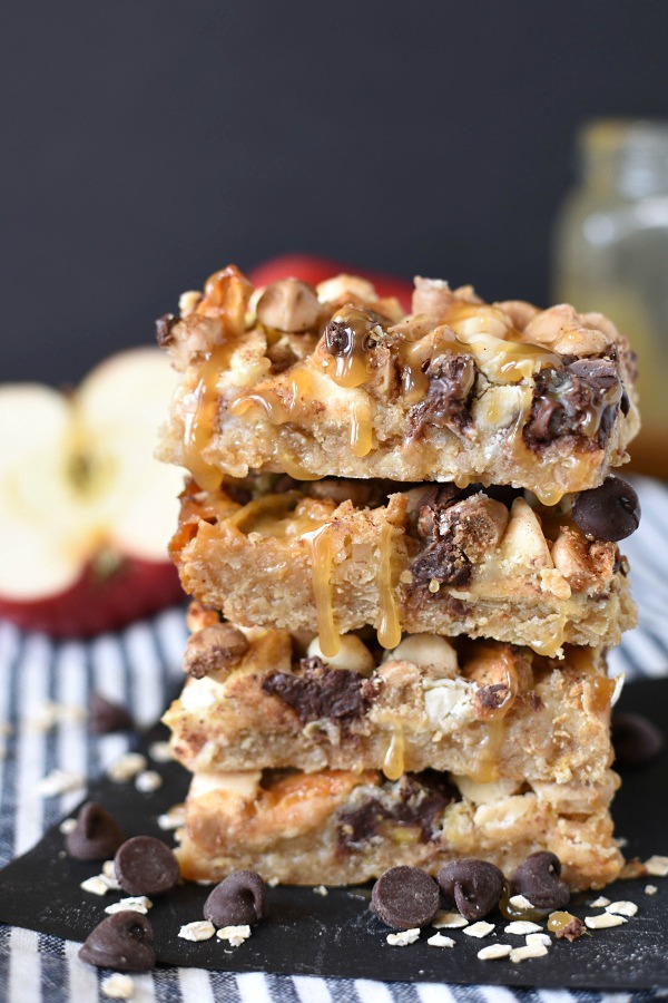 3 caramel apple magic bars with oats  in a stack