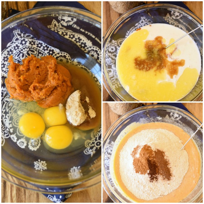 collage of pumpkin pie pancake ingredients