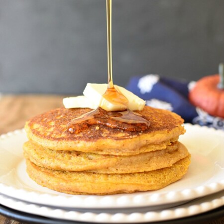 Whole Wheat Pumpkin pancakes with butter and syrup