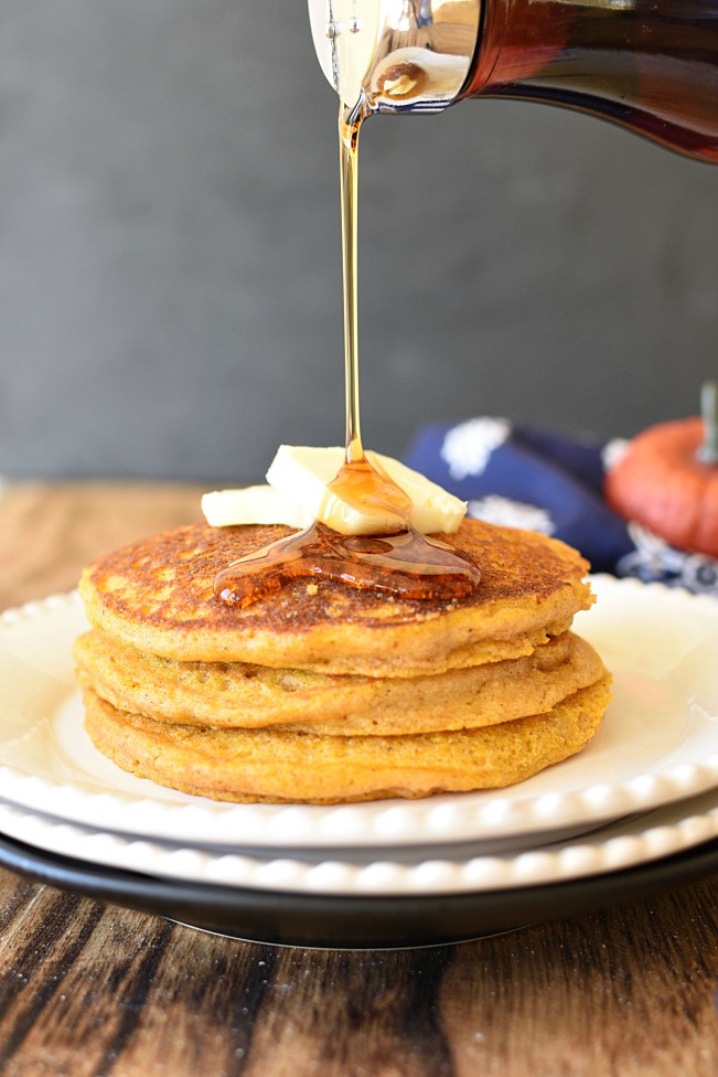 Whole Wheat Pumpkin pancakes with butter and syrup