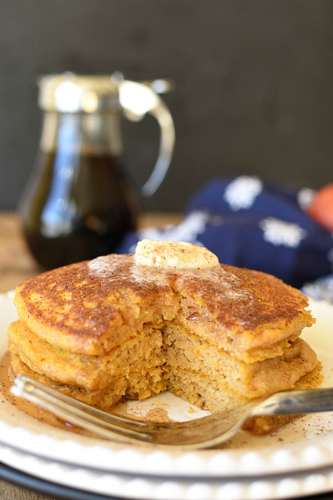 Pumpkin Pie Pancakes with a wedge out of them