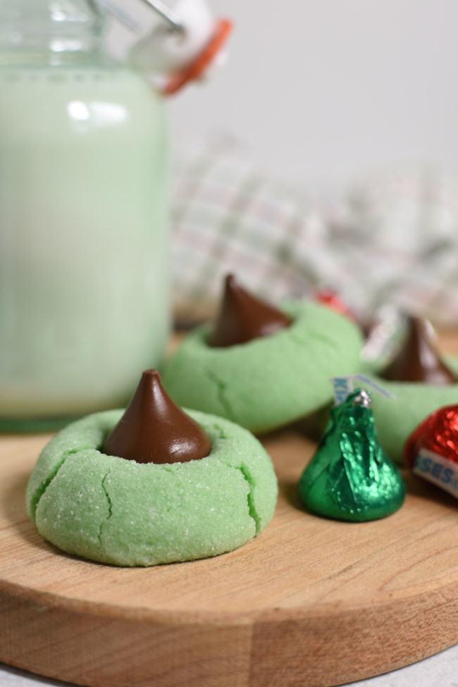 green mint cookies with a chcolate kiss on top