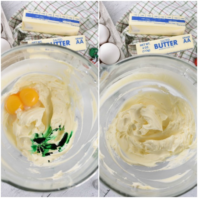 collage of creamed butter and sugar with green food coloring