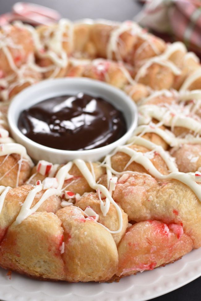 baked candy cane monkey bread with chocolate dipping sauce