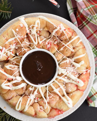 baked peppermint bark monkey bread with chocolate sauce