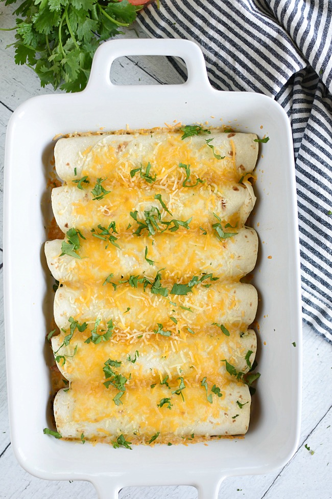 Baked shredded beef enchiladas with melted cheese on top