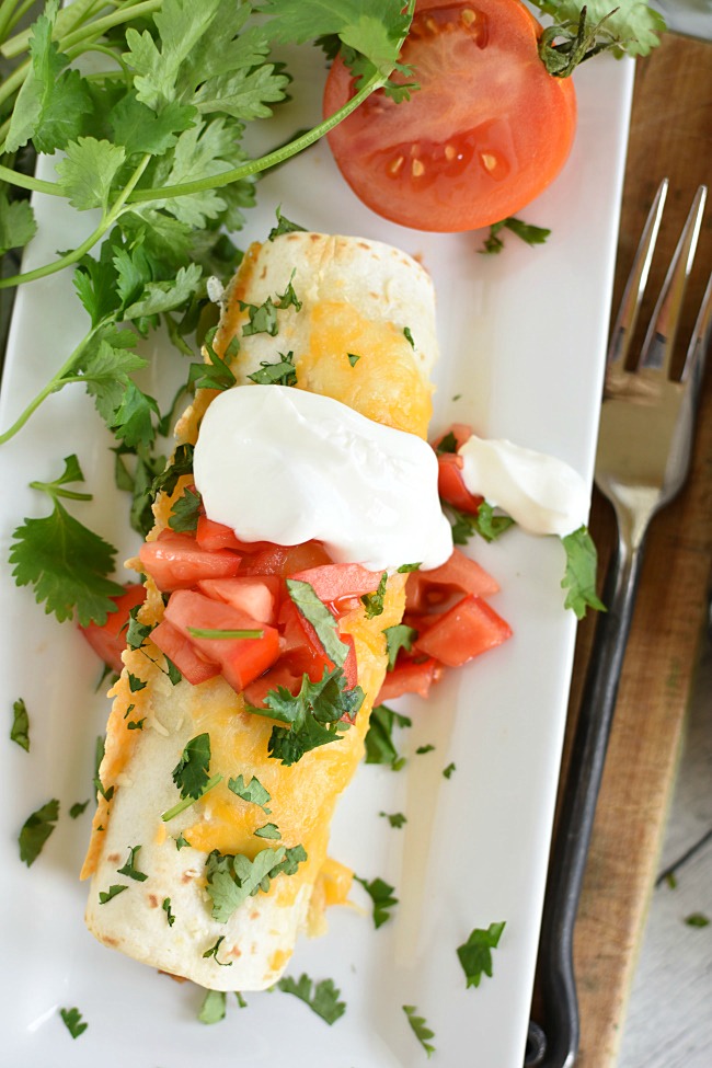 Shredded Beef and Bean Burrito topped with cheese, tomatoes, cilantro, and sour cream