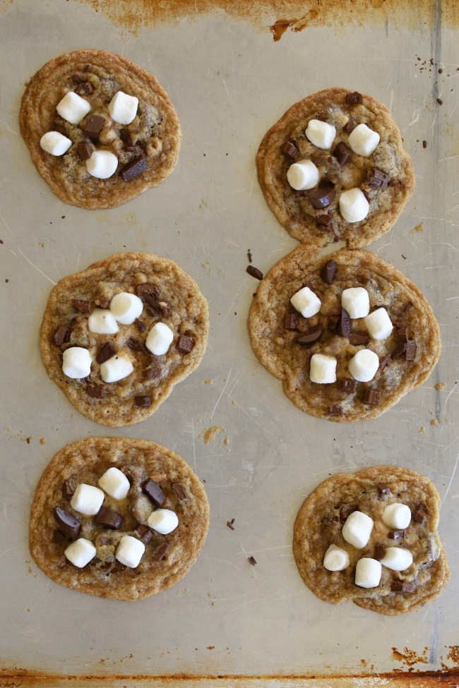 Baked S'mores Cookies on a baking sheet