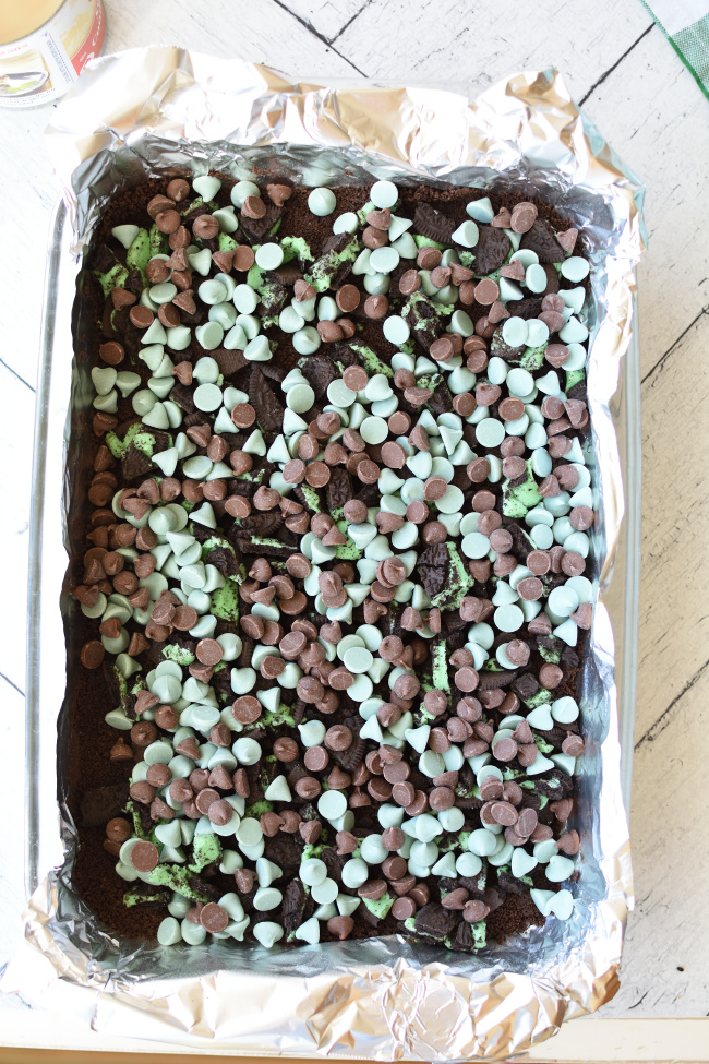 a pan with chocolate crust and mint chips and chocolate chips sprinkled on top