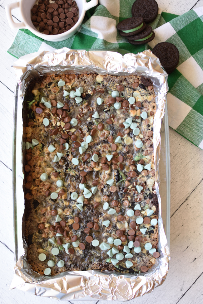Baked Mint Chocolate Magic Bars in a pan