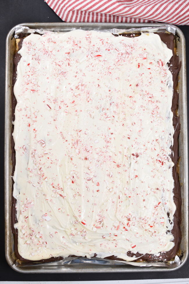 Peppermint bark candy in a baking pan