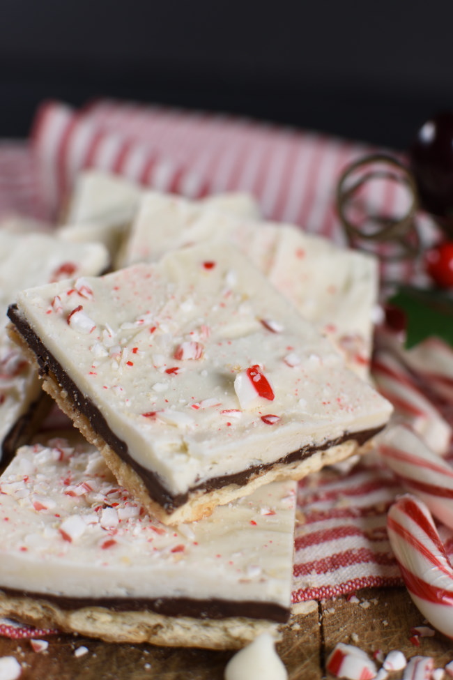 Saltine cracker candy with white chocolate and crushed candy canes on top