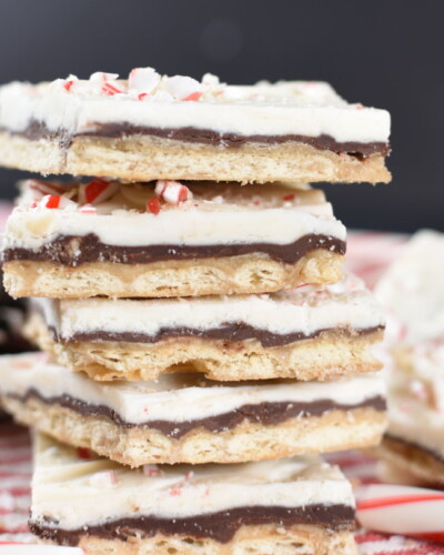 squares of peppermint bark toffee stacked up