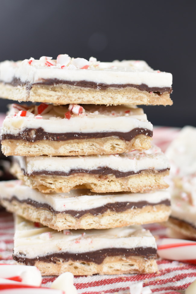  squares of peppermint bark toffee stacked up