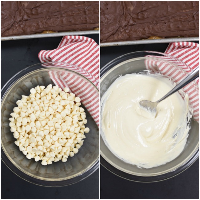 two images, one with a bowl of white chocolate chips, the other with a bowl of melted chocolate chips
