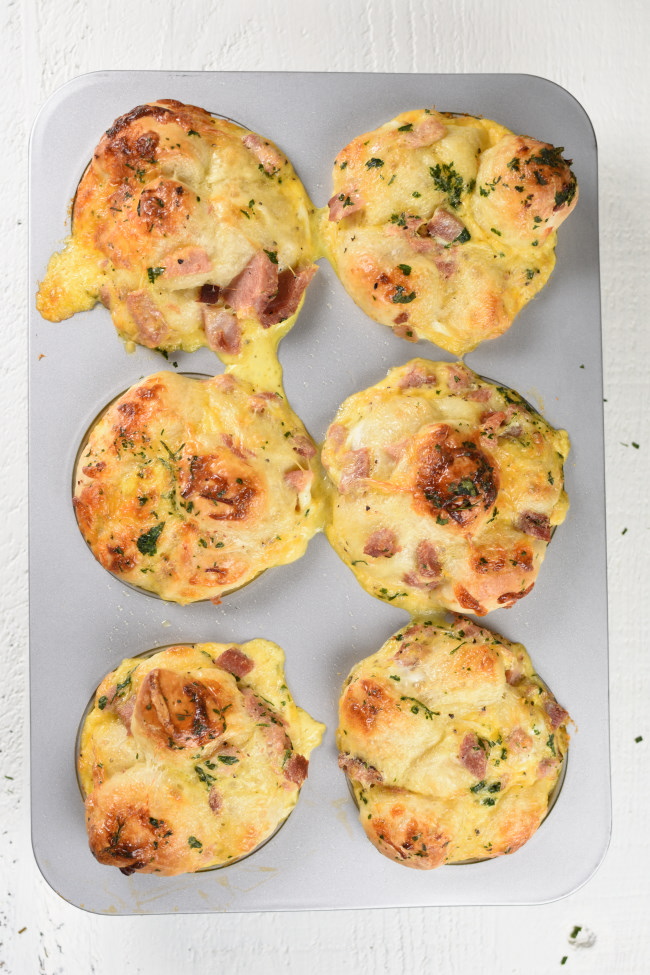 baked ham and cheese pull apart bread in muffin cups