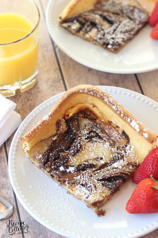 a nutella swirled puffy pancake on a plate