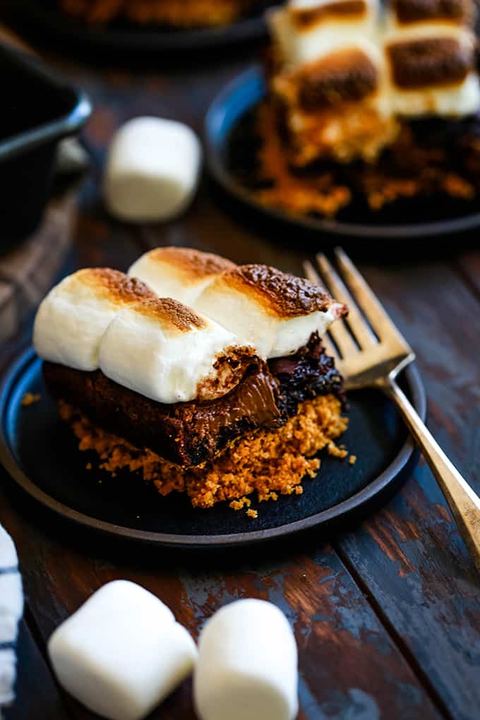 a baked brownie on a plate with toasted marshmallows