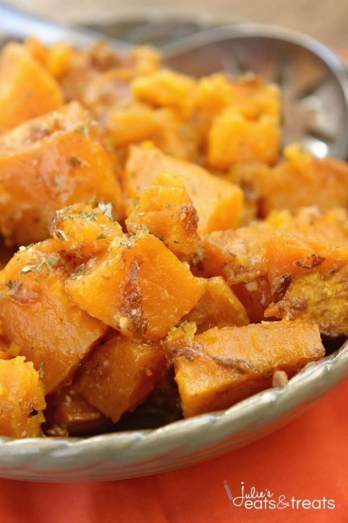 serving dish with diced and cooked sweet potatoes