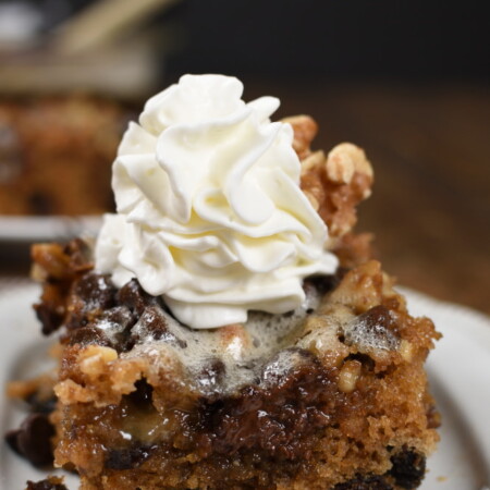 a square of chocolate chip cake topped with whipped cream