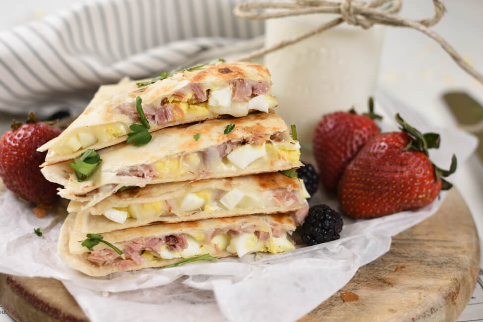 quesadillas with diced hard boiled eggs and ham and mozzarella cheese