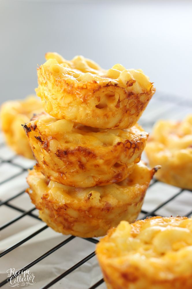 a stack of macaroni and cheese cups baked in a muffin tin