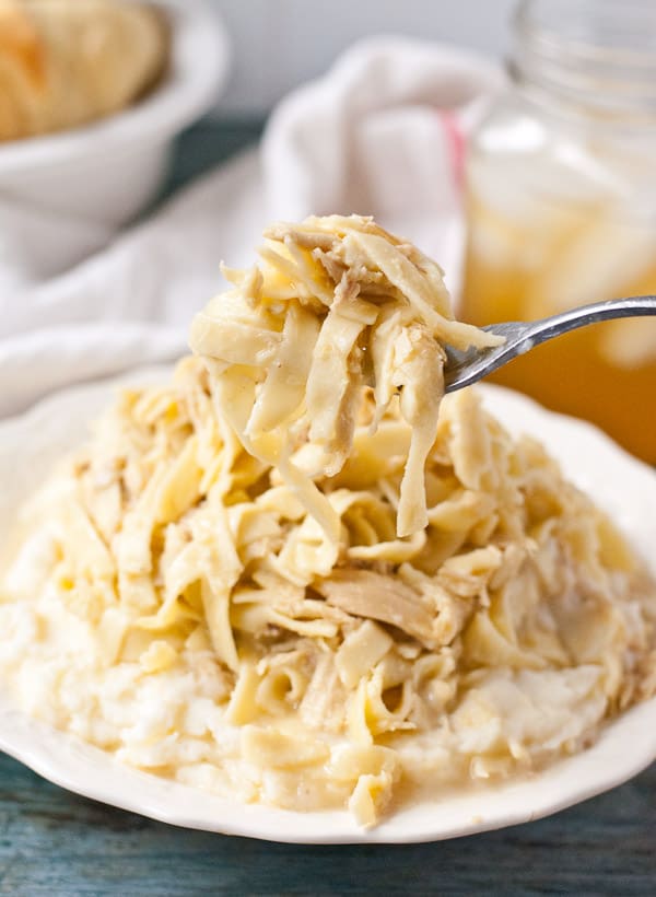 egg noodles topped with shredded chicken in a creamy sauce on a white plate