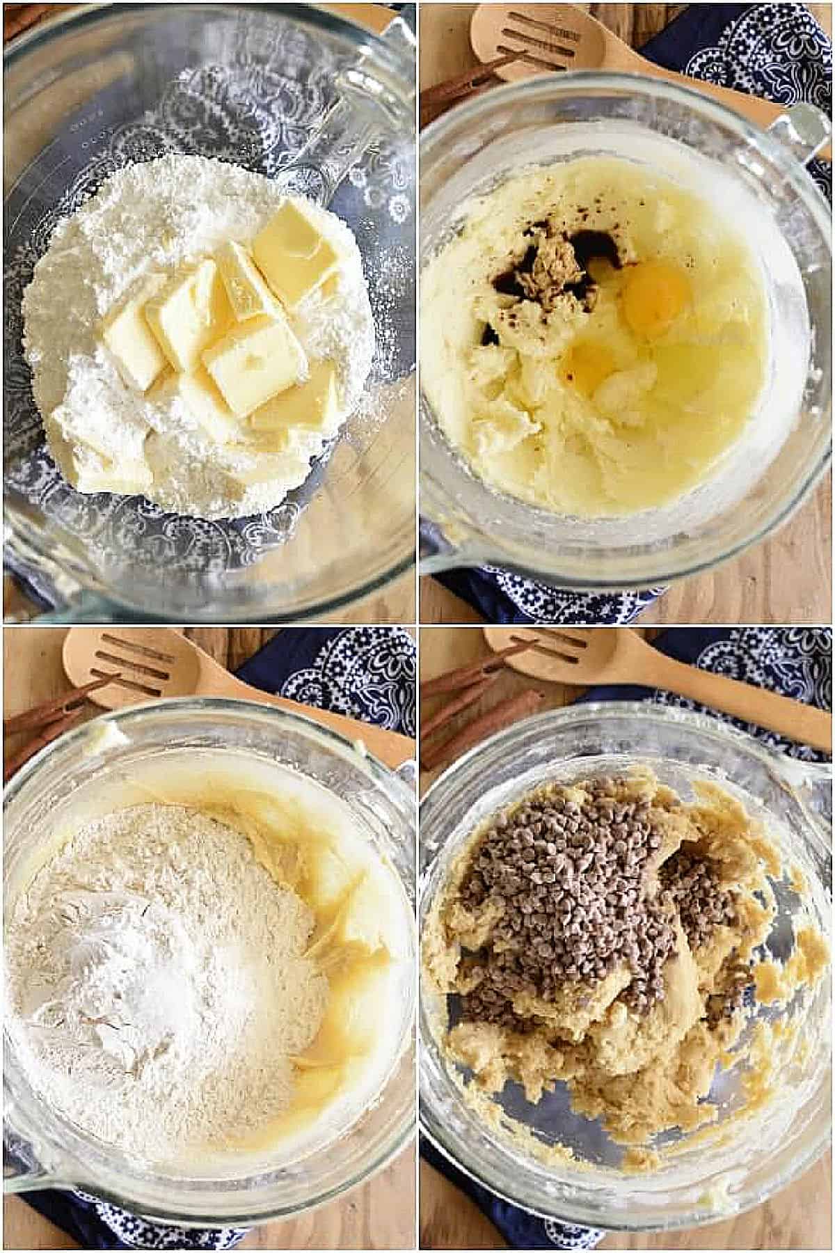 A collage of images showing how to make cookies with cinnamon chips.
