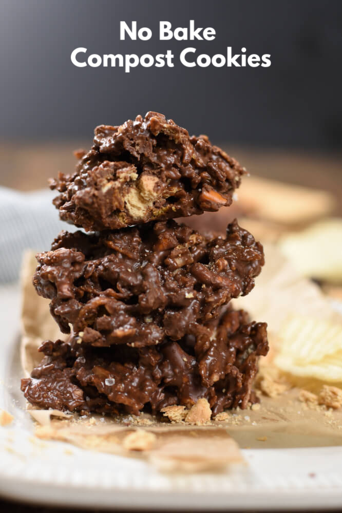a stack of no bake cookies made with graham cracker chunks, on a brown piece of paper