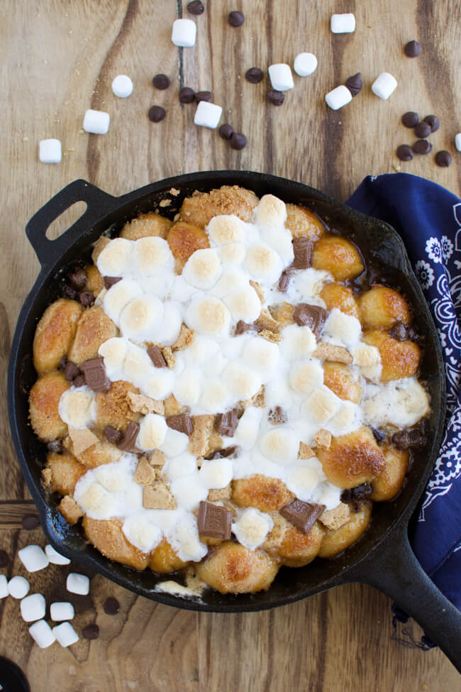 golden brown baked monkey bread topped with melted marshmallows