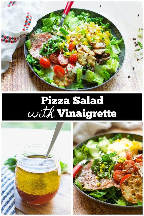 3 images of pizza salad with vinaigrette