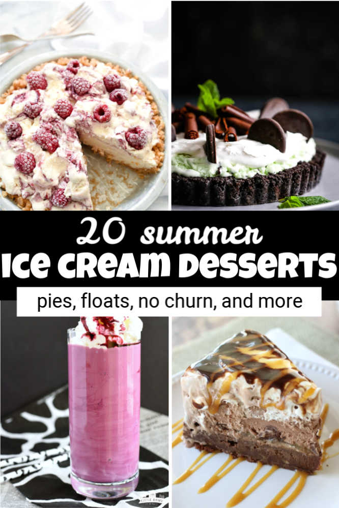 three images of ice cream pie and one image of a purple milkshake, plus text