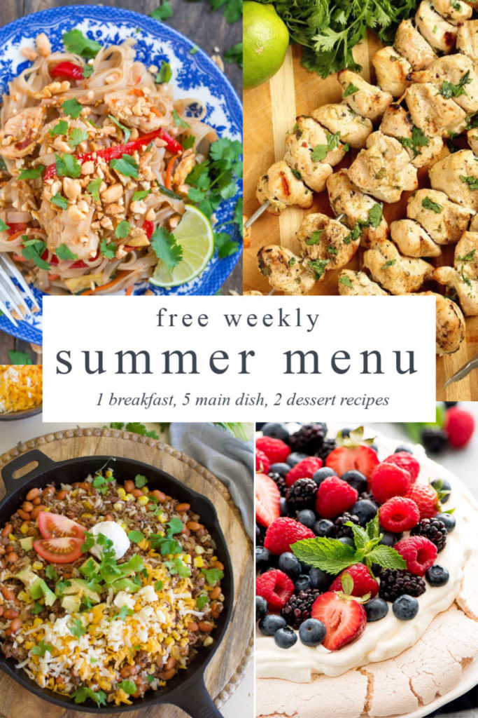 four images- berry dessert, chicken skewers, mexican skillet, and thai chicken