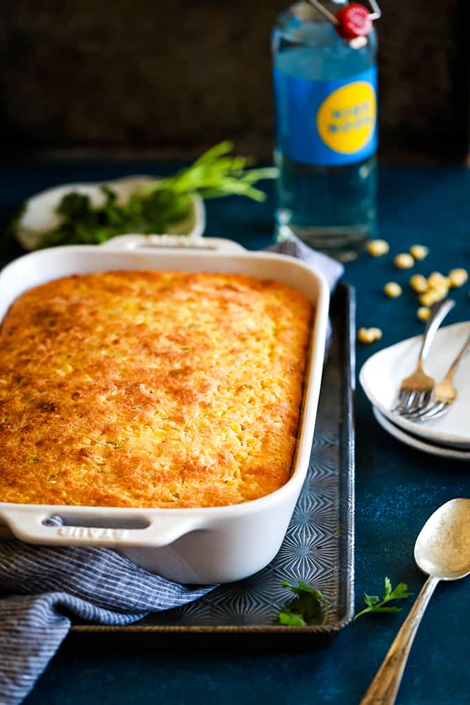 a baking dish with baked cornbread