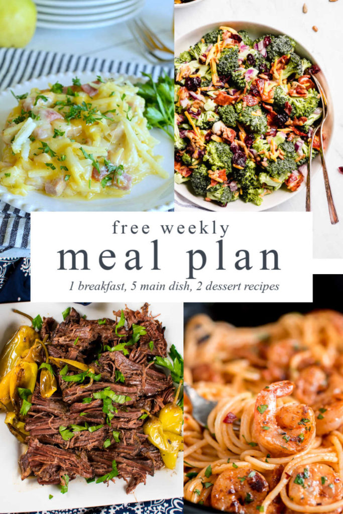 four images of hashbrown casserole, broccoli salad, shredded roast beef, and pasta with shrimp