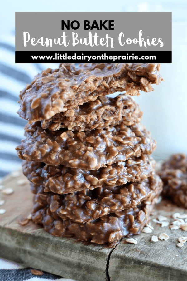 a stack of easy no bake peanut butter cookies with chocolate and oatmeal, plus a text graphic