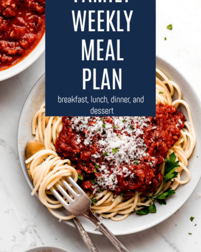 an image of spaghetti noodles with marinara sauce and a graphic overlay with text