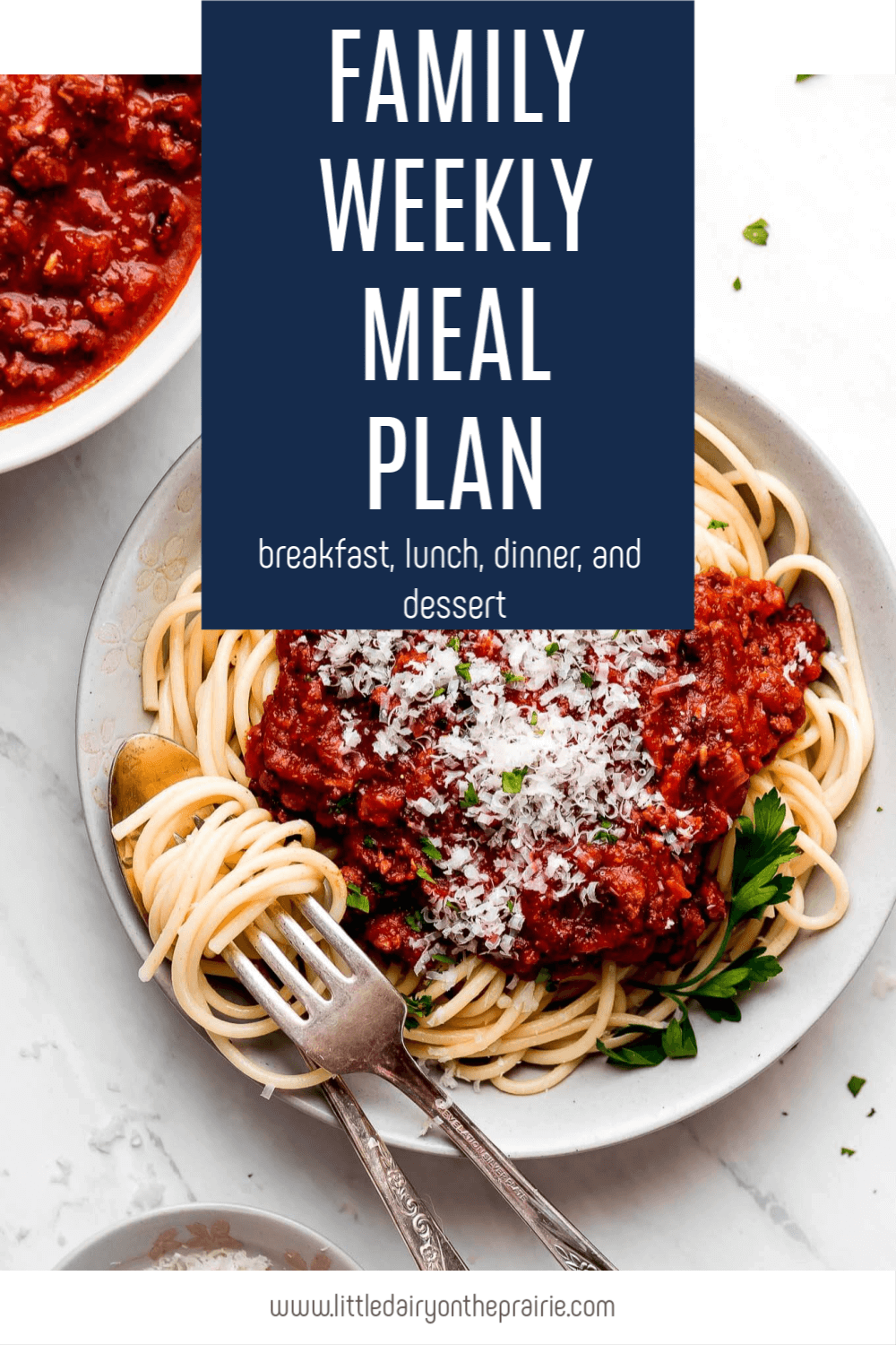 an image of spaghetti noodles with marinara sauce and a graphic overlay with text
