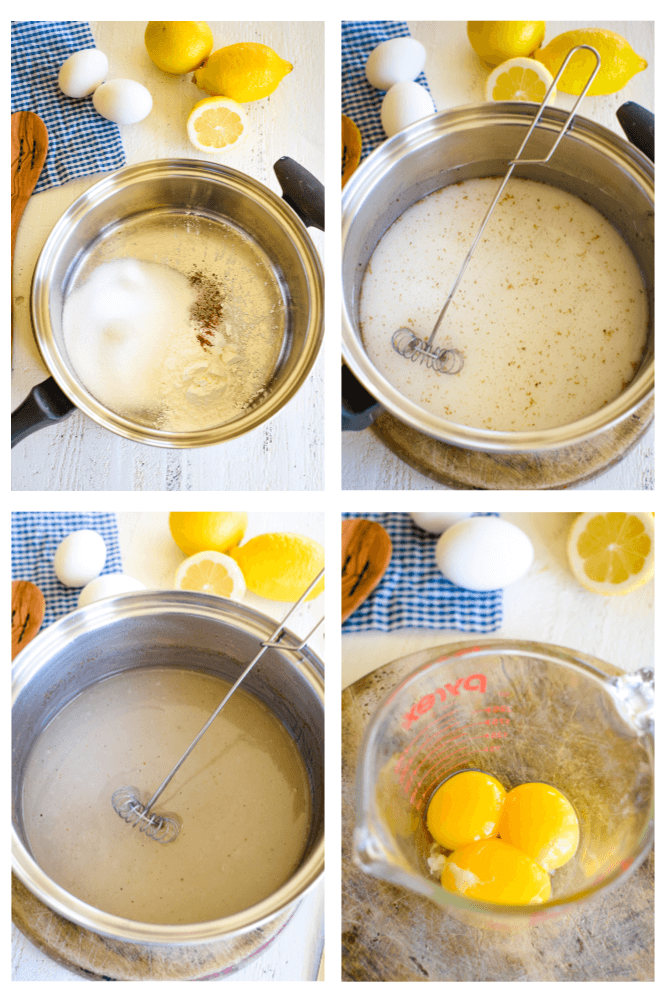 a graphic with four images showing how to make dessert toppings made with cornstarch and eggs