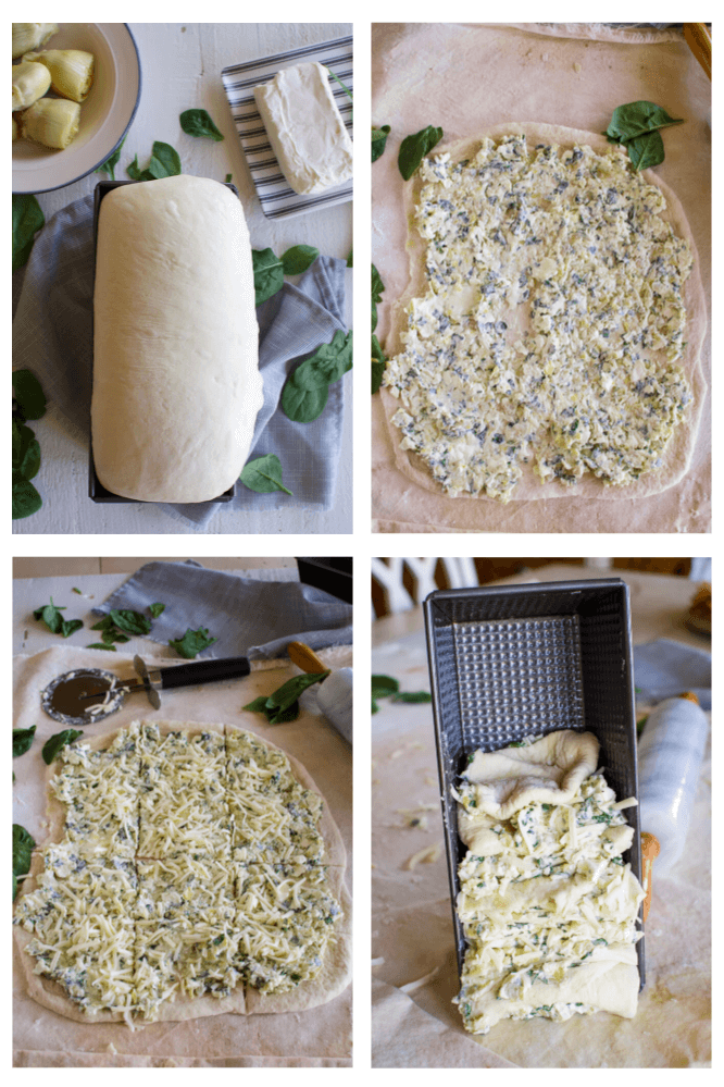 four step by step images showing how to make spinach artichoke bread. Little Dairy on the Prairie