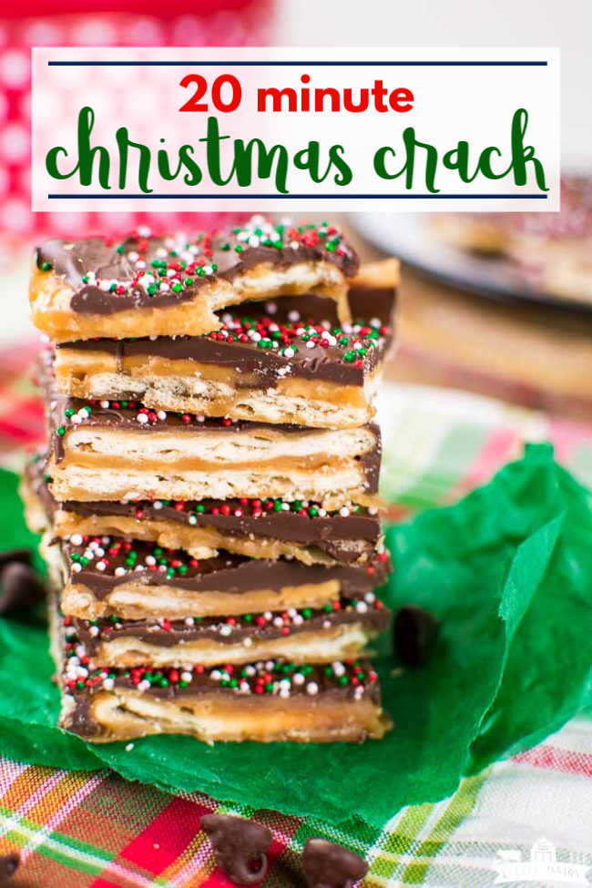 a stack of Christmas Crack candy made with saltine crackers, caramel, and chocolate with a textual graphic