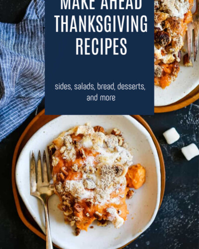 an image with plates of sweet potato casserole topped with crumb topping andwith text graphic