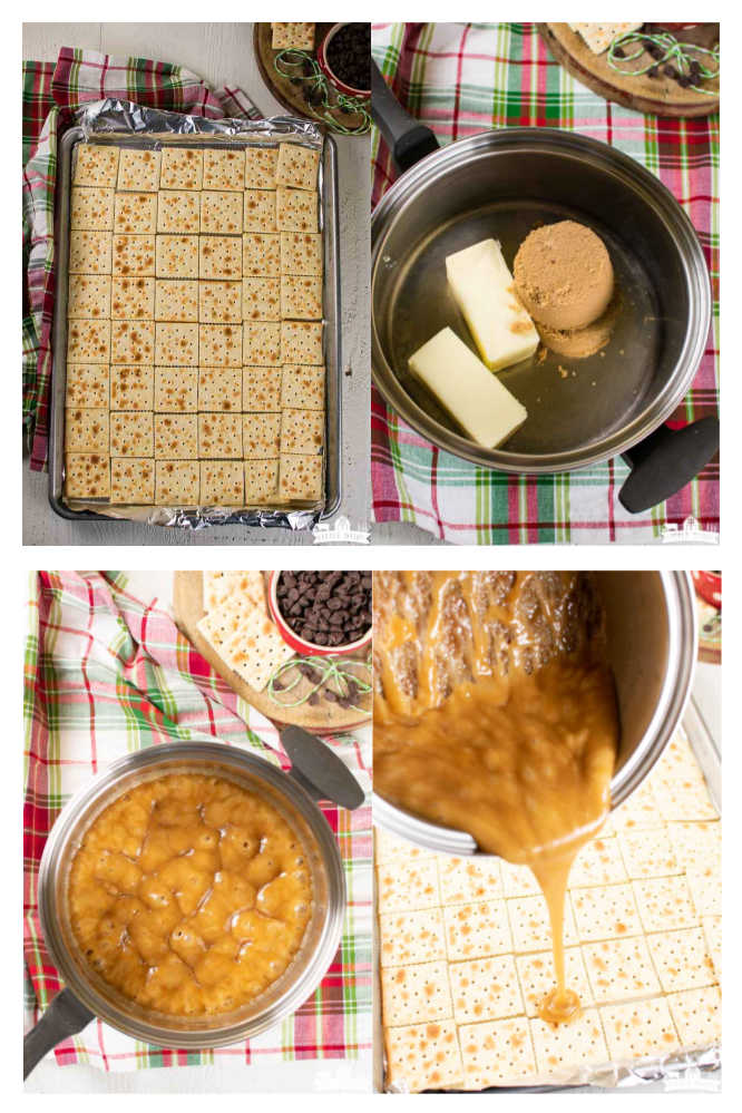 a collage of four images showing how to make saltine cracker candy into Christmas crack