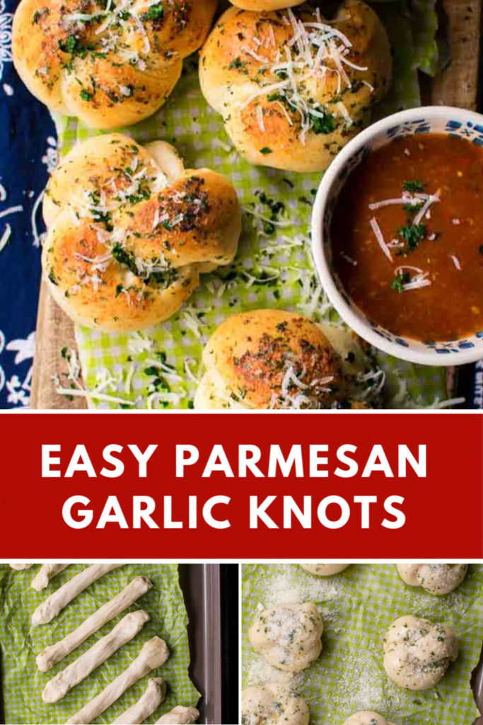 A collage with three images of garlic knots, some baked, some unbaked, showing how to make them.